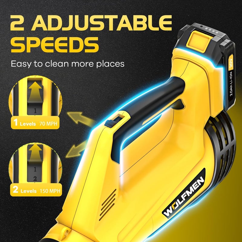 WOLFMEN Leaf Blower, Electric Cordless Leaf Blower with 2 Batteries and Charger, 2 Speed Mode, Lightweight Leaf Blowers for Blowing Leaves, Lawn Care, Patio Cleaning and Dust - Image 3